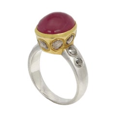 Vintage Ruby Ring Cabochon Oval Ruby Gemstone & Diamonds 5.60 Carat 18 Karat