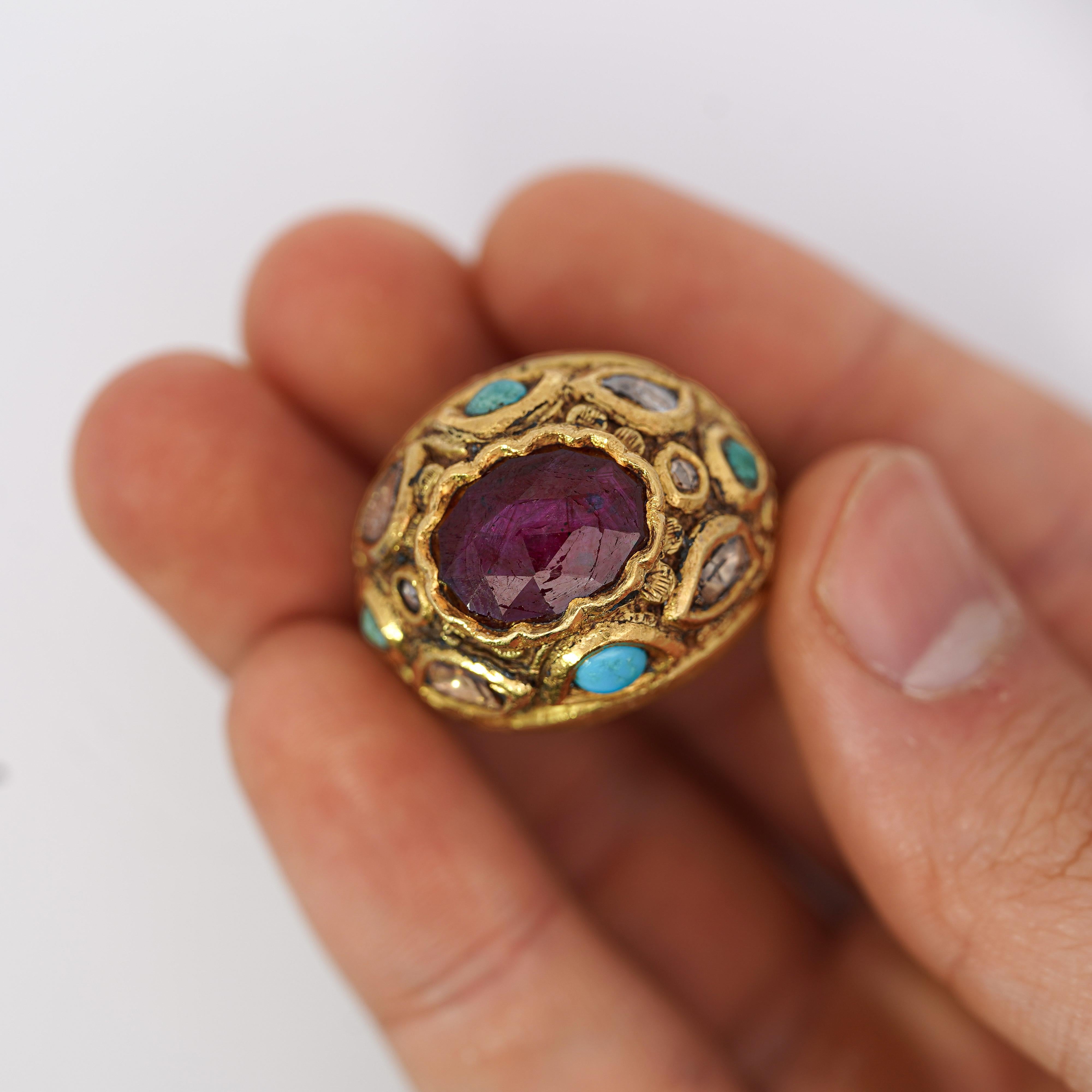18k gold vintage mens royal ceremonial ring inspired piece. Set with rose cut diamonds, checkerboard cut star ruby center stone, and bezel set turquoise. A truly unique, one of a kind piece.

Details
Item Type: Vintage Cocktail Ring
Metal:18K Yellow