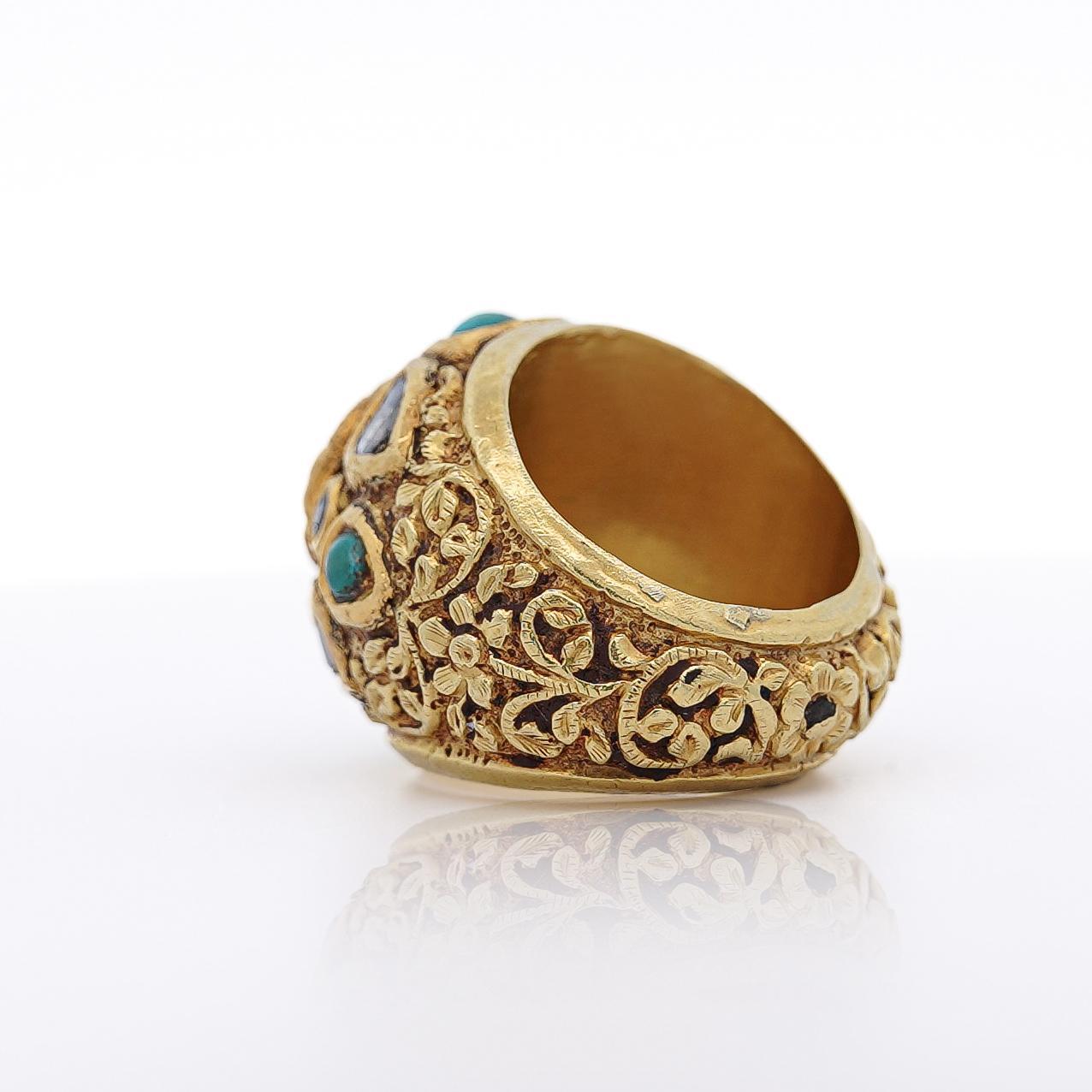 Art Deco Vintage Ruby Rose Cut Diamond & Turquoise 18K Gold Ring For Sale