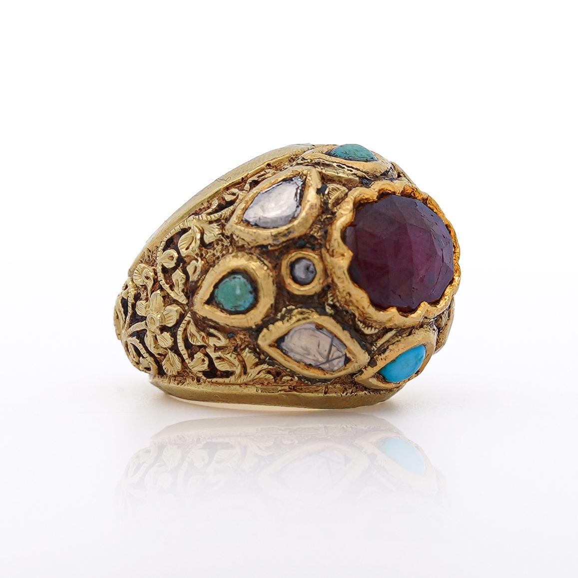 Round Cut Vintage Ruby Rose Cut Diamond & Turquoise 18K Gold Ring For Sale