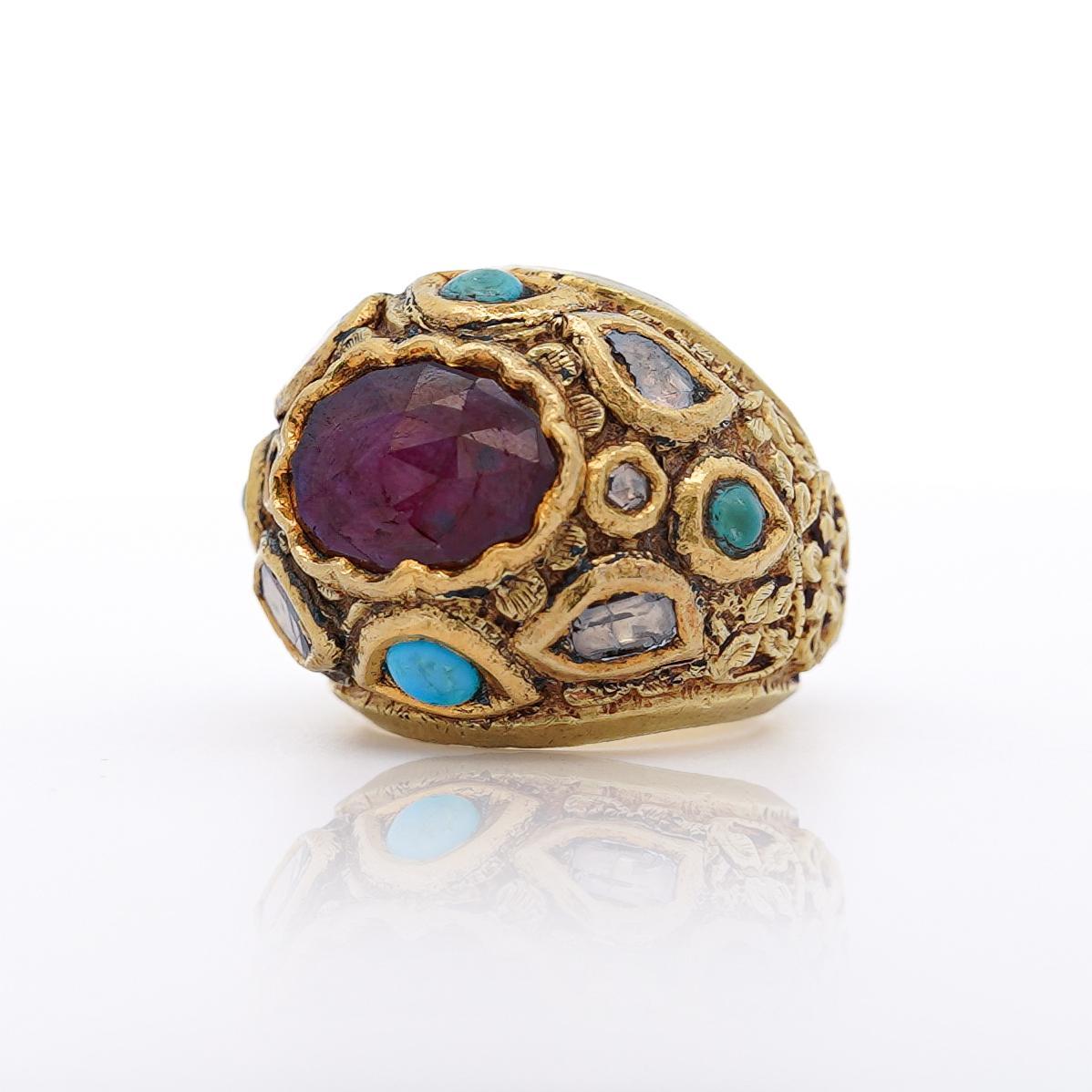 Vintage Ruby Rose Cut Diamond & Turquoise 18K Gold Ring In New Condition For Sale In Miami, FL