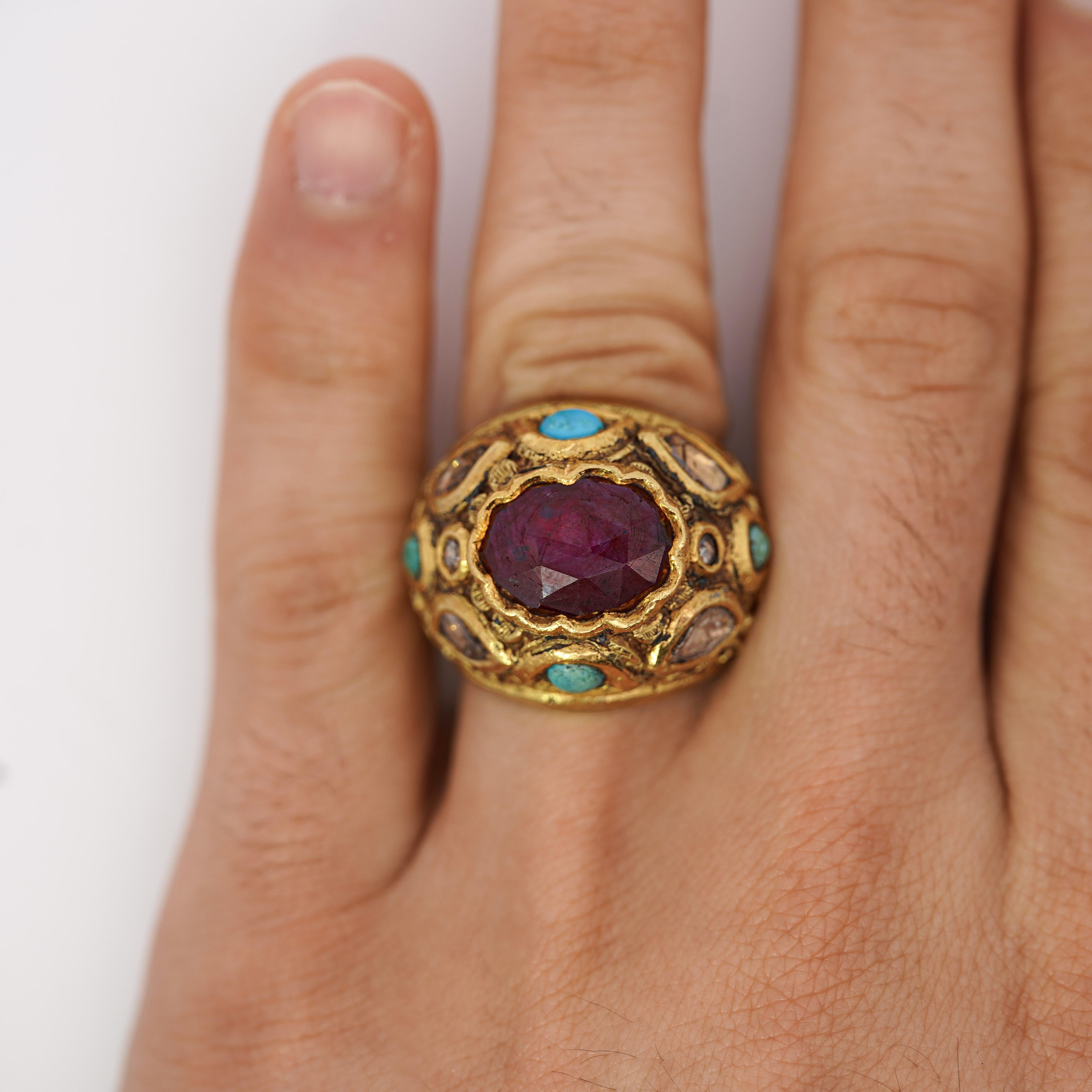 Women's Vintage Ruby Rose Cut Diamond & Turquoise 18K Gold Ring For Sale