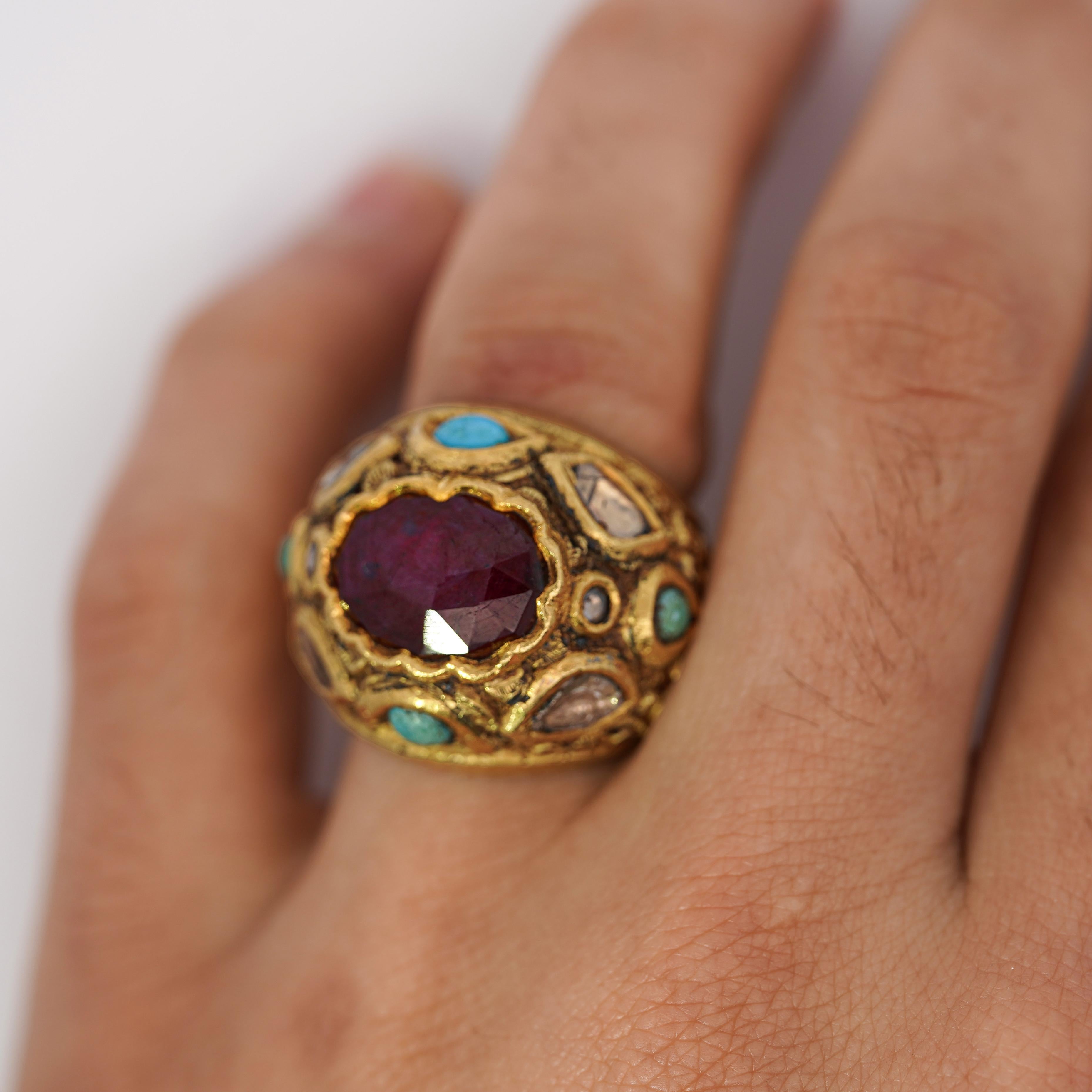 Vintage Ruby Rose Cut Diamond & Turquoise 18K Gold Ring For Sale 1