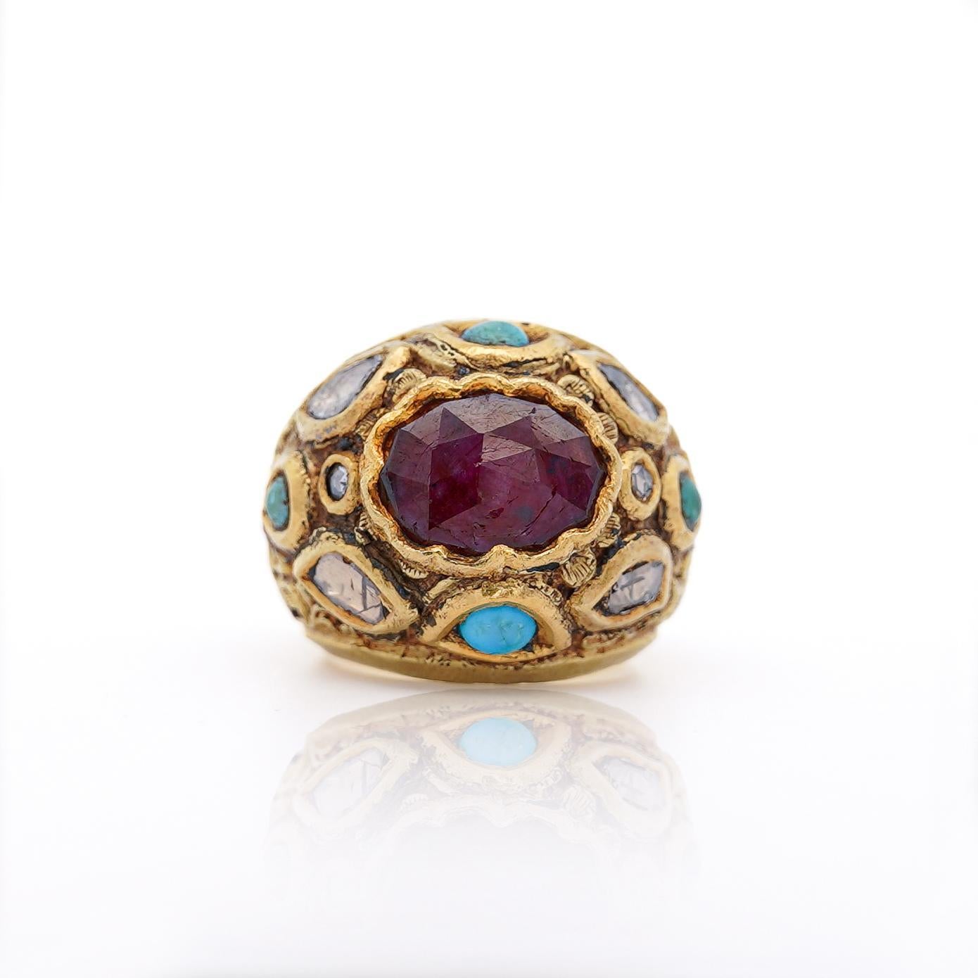 Vintage Ruby Rose Cut Diamond & Turquoise 18K Gold Ring For Sale 2