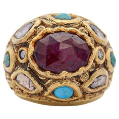 Vintage Ruby Rose Cut Diamond & Turquoise 18K Gold Ring
