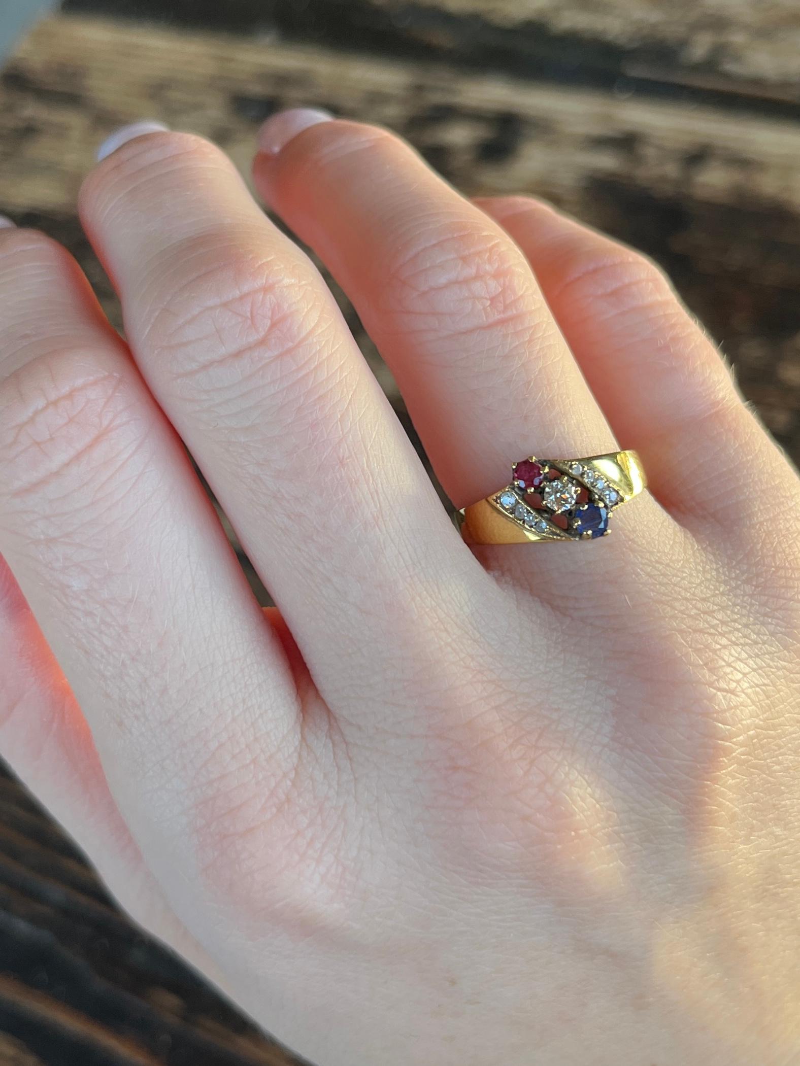 Cabochon Vintage Ruby, Sapphire and Diamond 9 Carat Gold Band For Sale