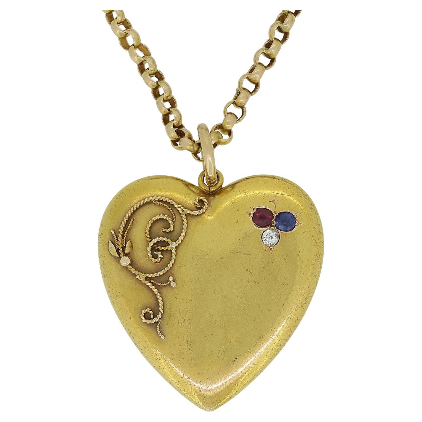 Vintage Ruby, Sapphire and Diamond Love Heart Necklace For Sale