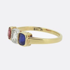 Vintage Ruby Sapphire and Diamond Three-Stone Ring