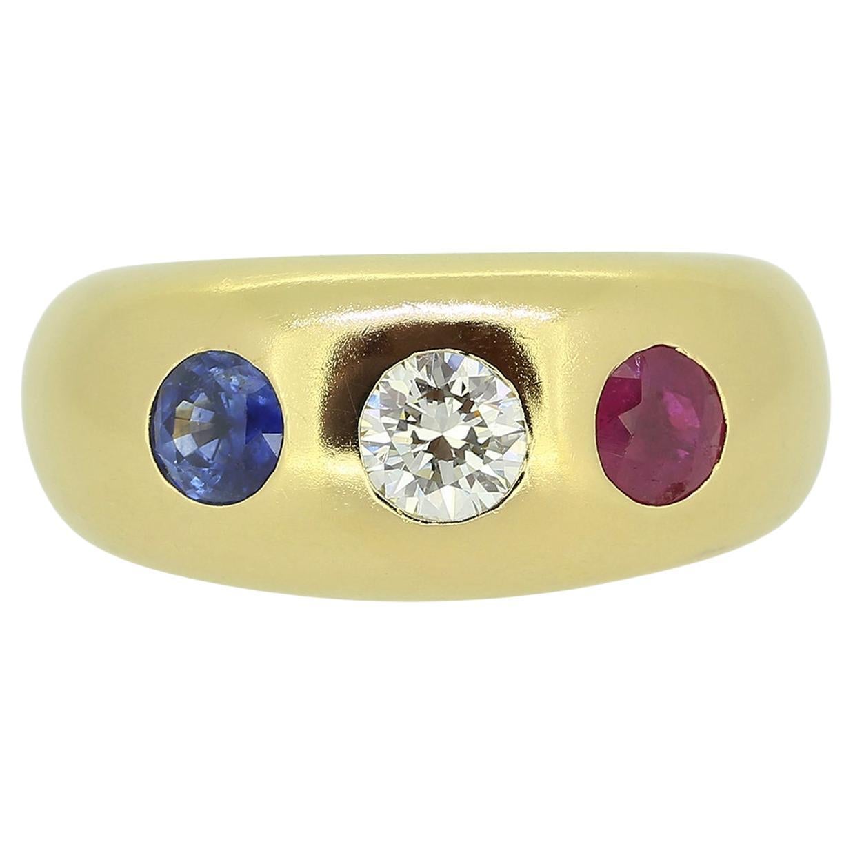 Dreisteiniger Vintage-Ring mit Rubin, Saphir und Diamant