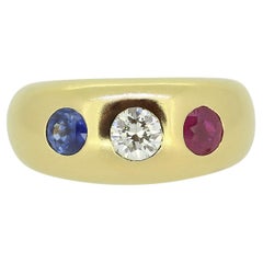 Dreisteiniger Vintage-Ring mit Rubin, Saphir und Diamant