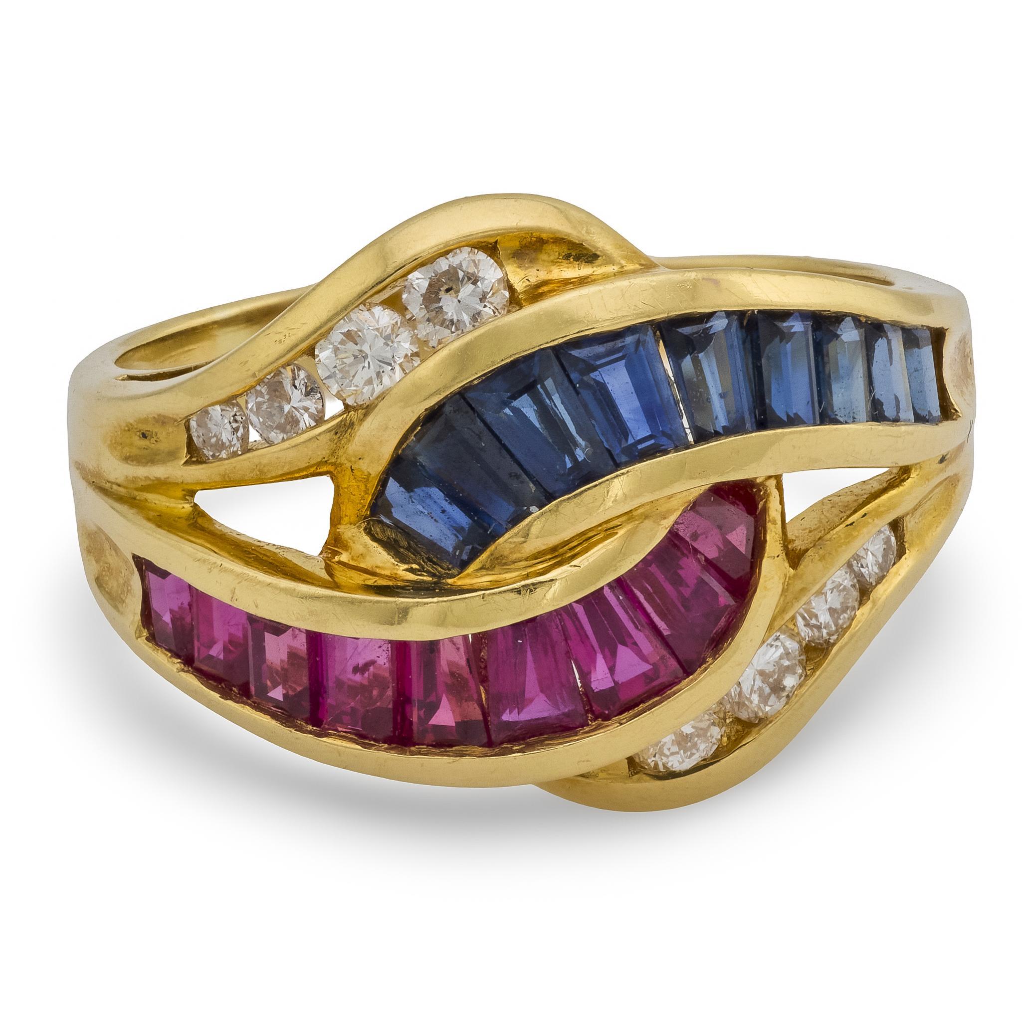 Modern Vintage ruby sapphire diamond 18k yellow gold cocktail ring For Sale