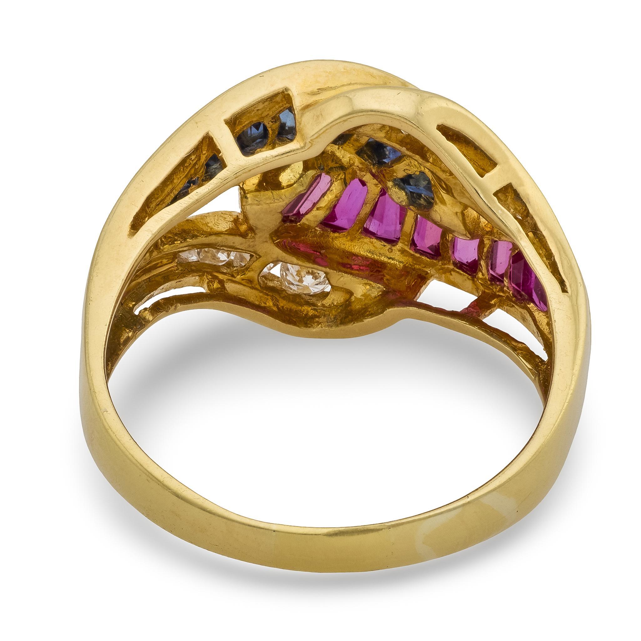 Women's Vintage ruby sapphire diamond 18k yellow gold cocktail ring For Sale