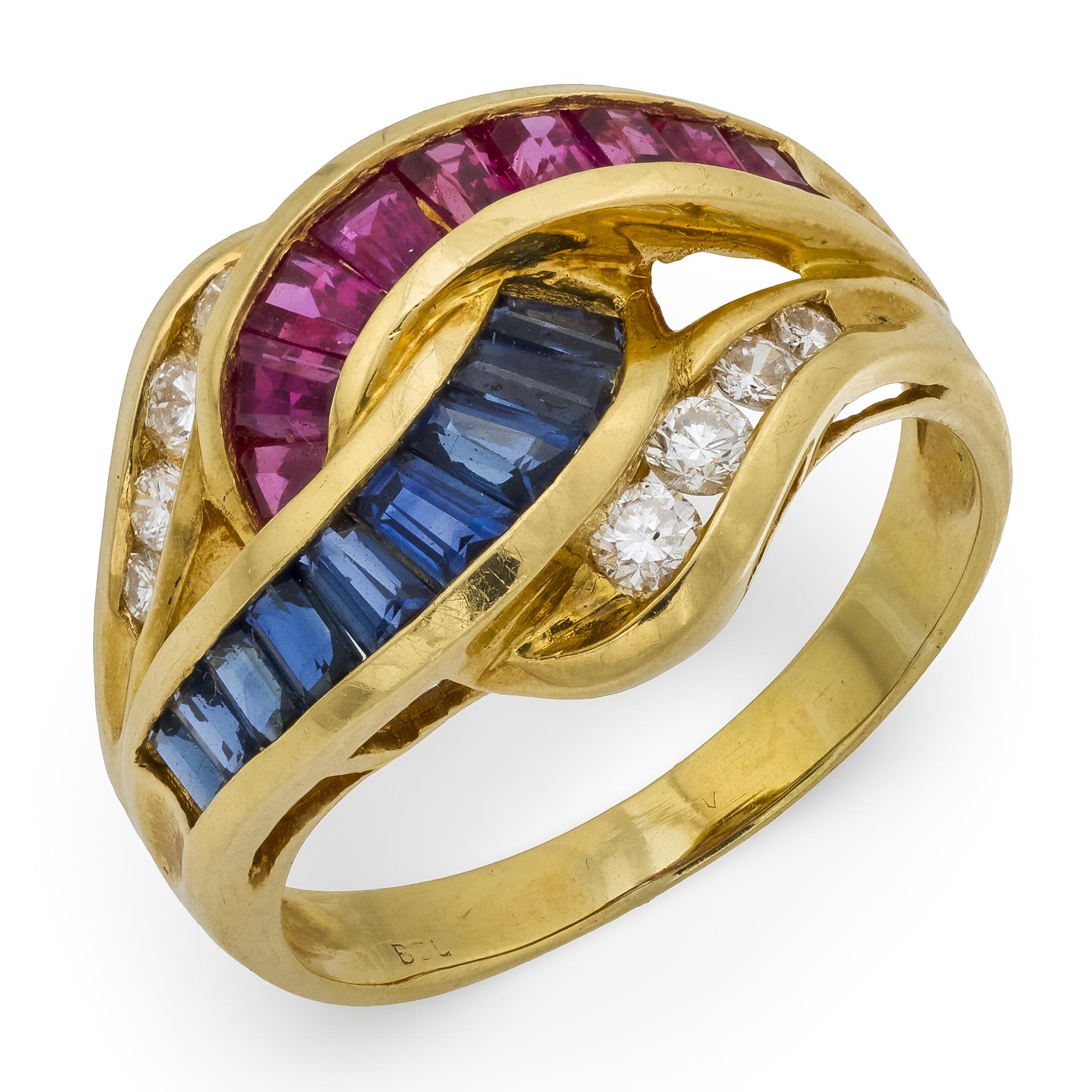 Vintage ruby sapphire diamond 18k yellow gold cocktail ring For Sale