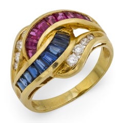 Vintage ruby sapphire diamond 18k yellow gold cocktail ring