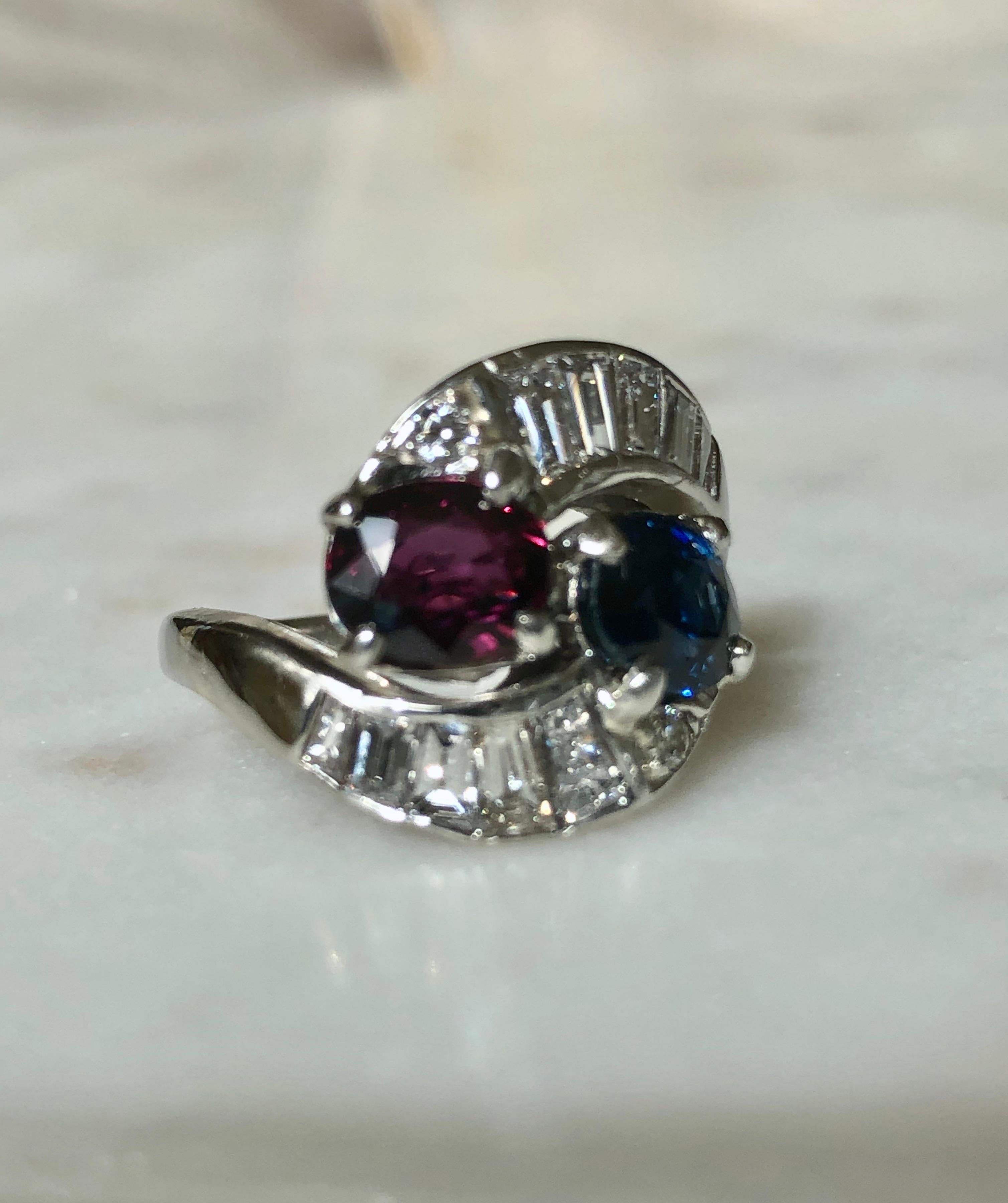 4.25ct Vintage Ruby Sapphire Diamond Crossover Bypass Platinum Engagement Ring 4