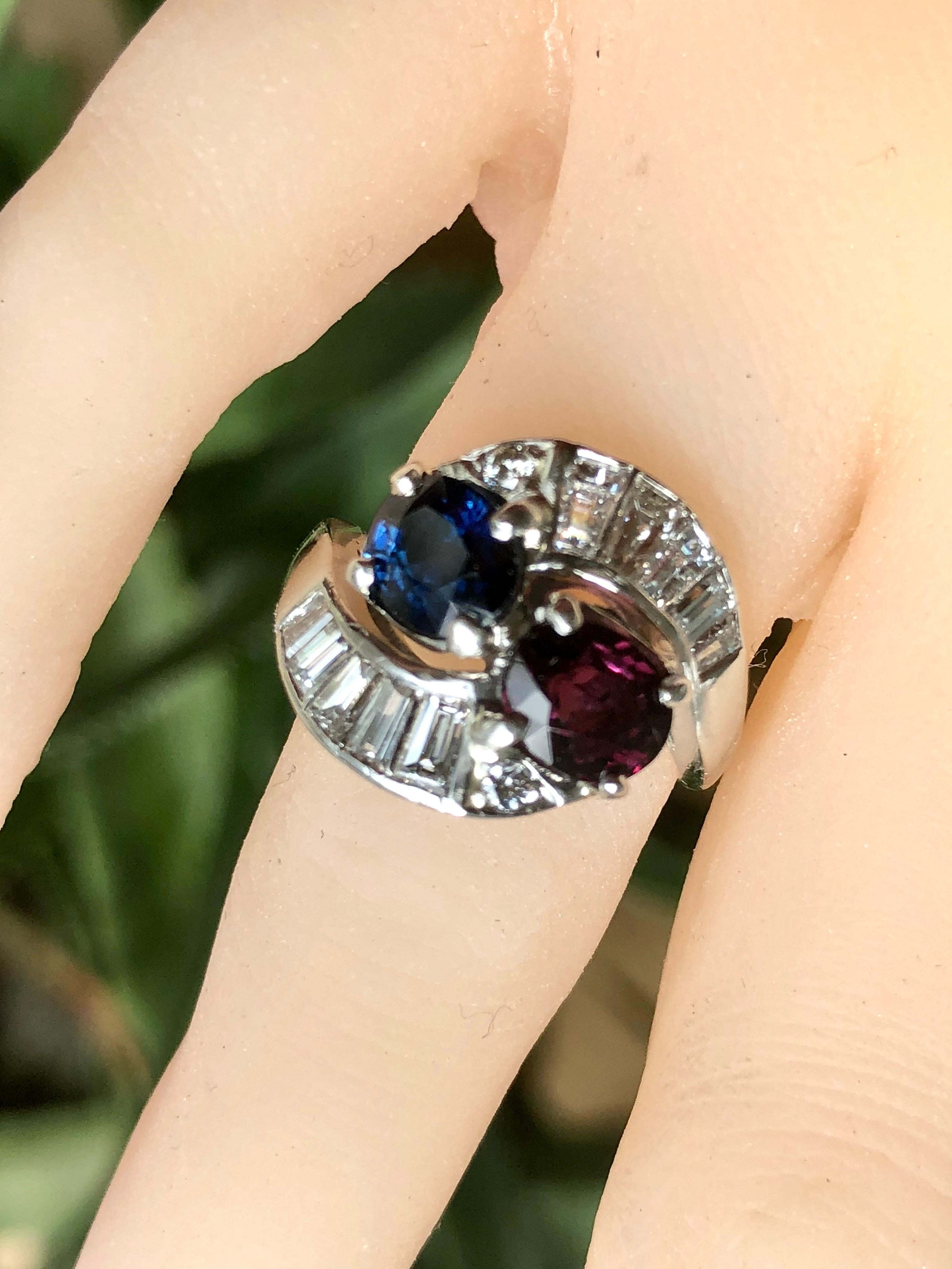 A Stunning Antique Art Deco style Ruby, Sapphire and Diamond Crossover Bypass Ring, Jazz Age, “Toi et Moi