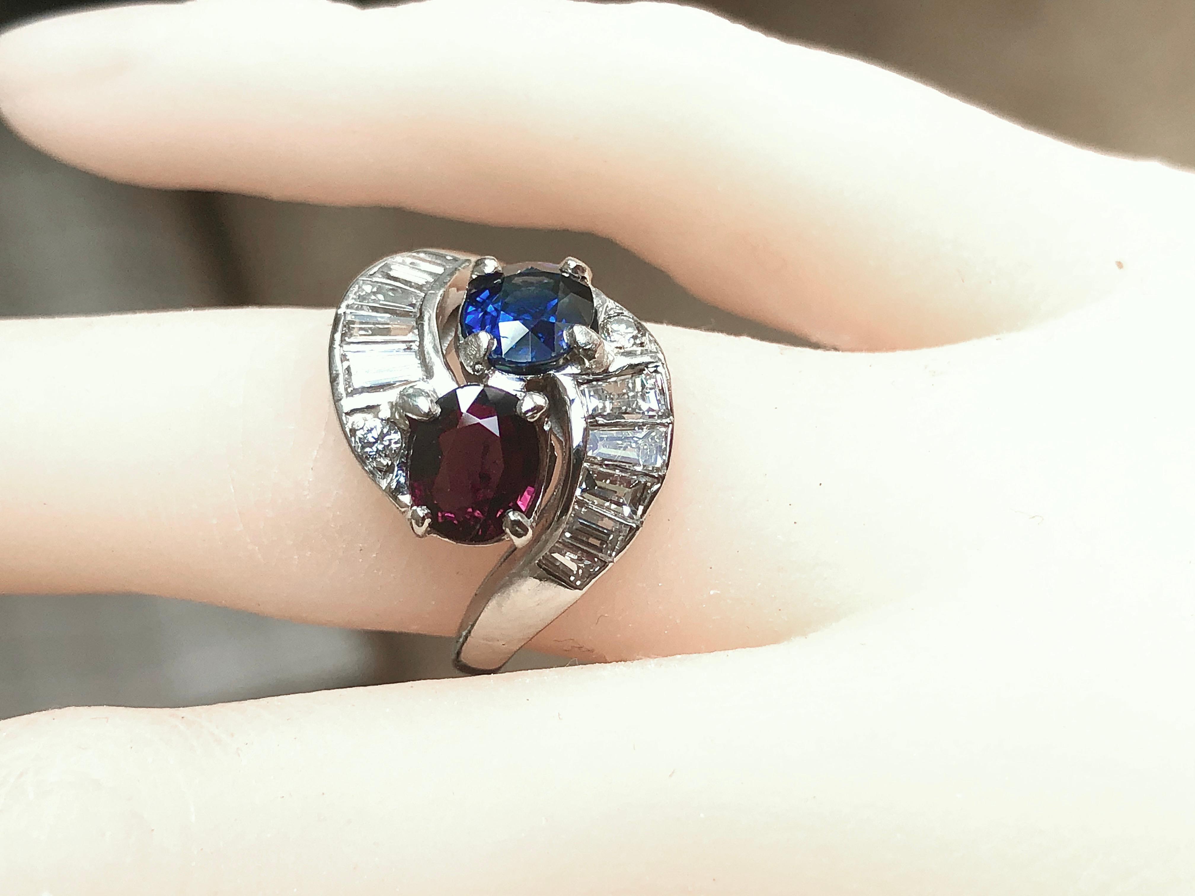 4.25ct Vintage Ruby Sapphire Diamond Crossover Bypass Platinum Engagement Ring 2