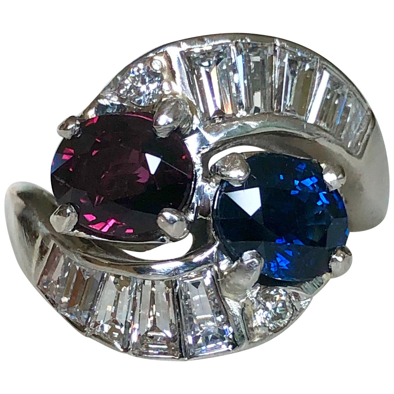 4.25ct Vintage Ruby Sapphire Diamond Crossover Bypass Platinum Engagement Ring