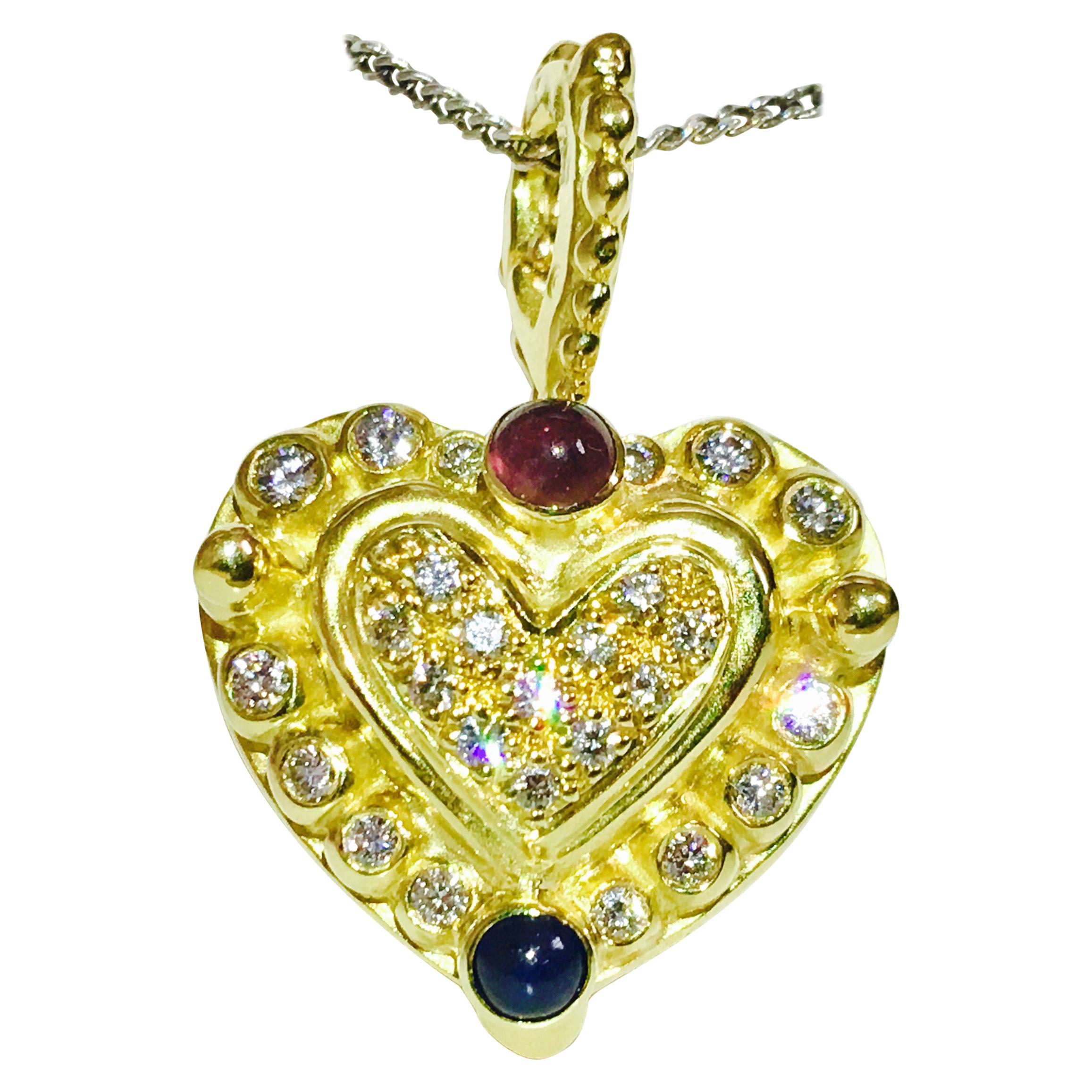 Vintage Ruby Sapphire Diamond Heart Shaped Pendant, 18 Karat Gold For Sale