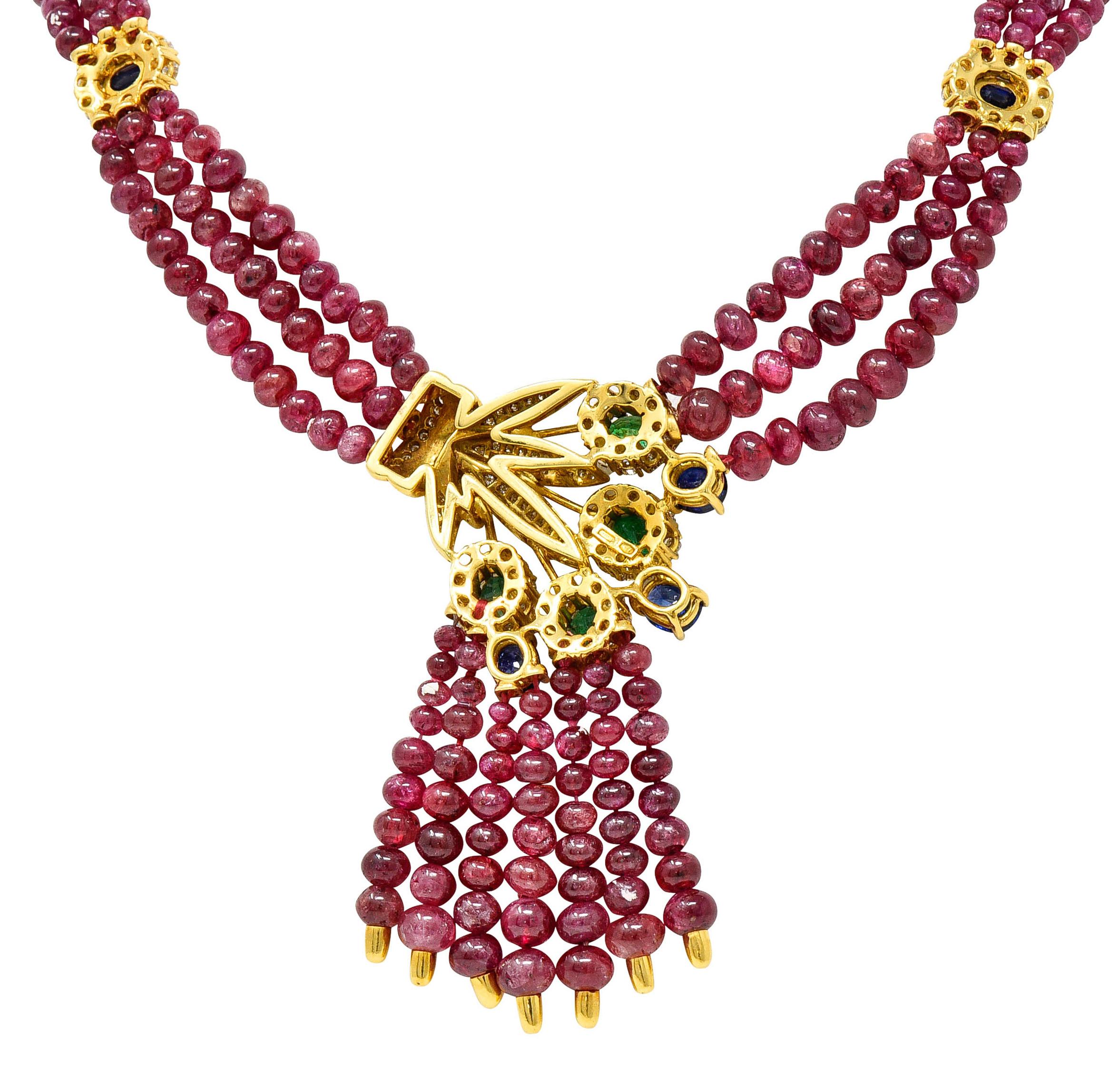 Vintage Ruby Sapphire Emerald Diamond 18 Karat Gold Beaded Swag Necklace 3