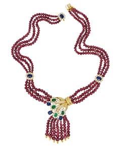 Vintage Ruby Sapphire Emerald Diamond 18 Karat Gold Beaded Swag Necklace