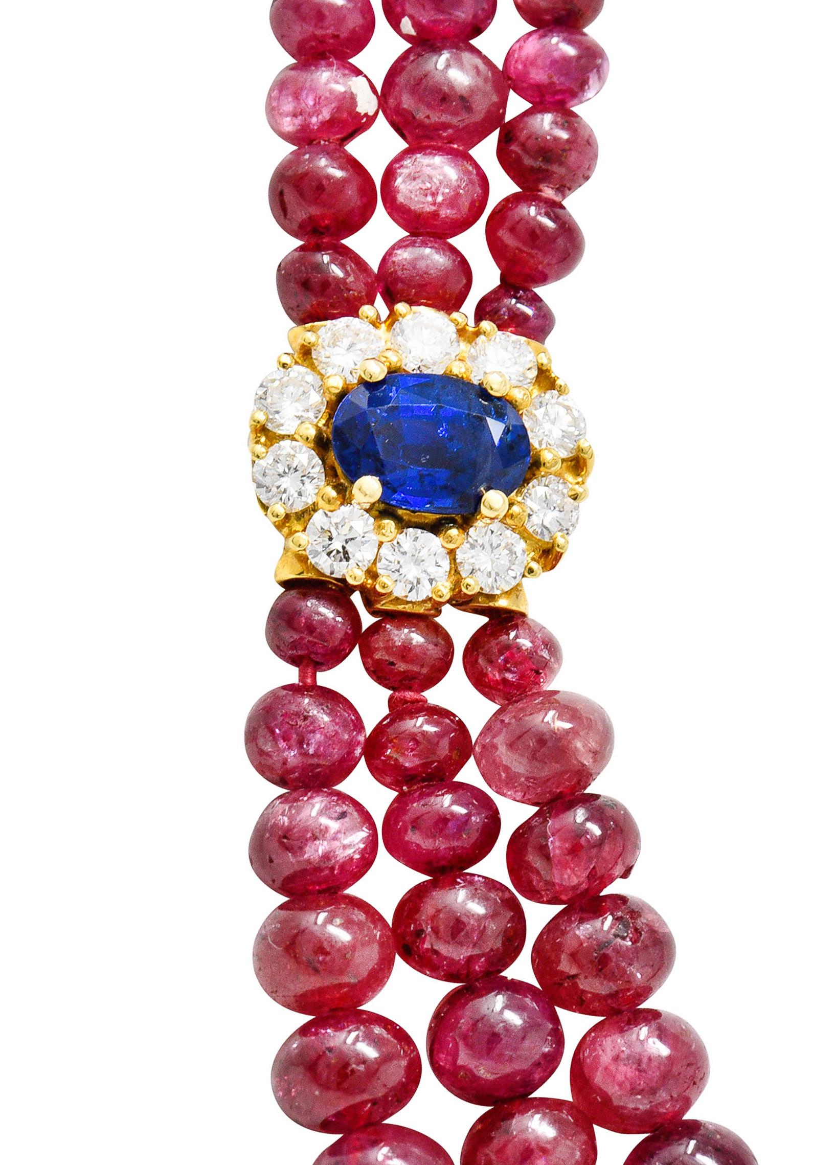 Vintage Ruby Sapphire Emerald Diamond 18 Karat Gold Beaded Swag Necklace In Excellent Condition In Philadelphia, PA