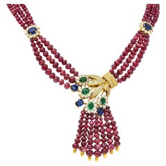 Vintage Ruby Sapphire Emerald Diamond 18 Karat Gold Beaded Swag Necklace