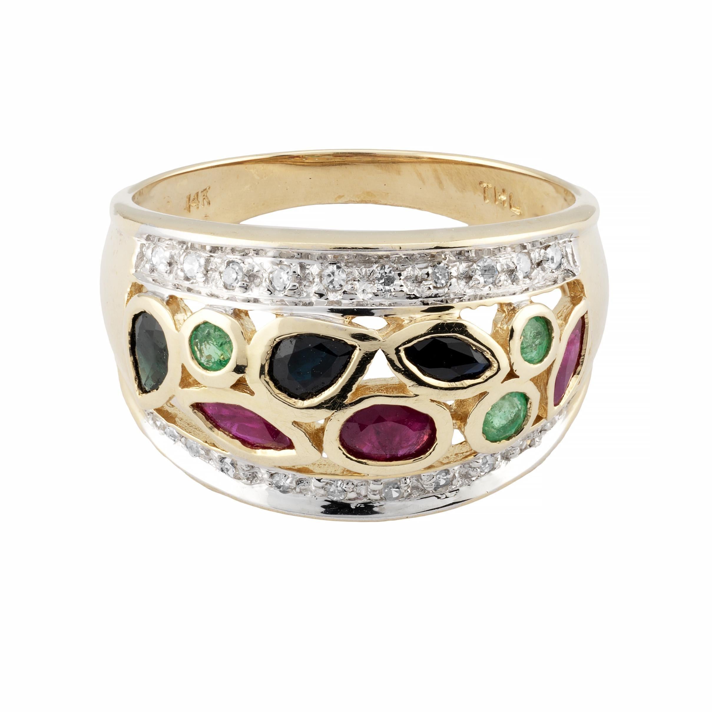 Anillo Vintage de Rubí, Zafiro, Esmeralda y Cúpula de Diamantes de Oro Amarillo de 14K Corte mixto en venta