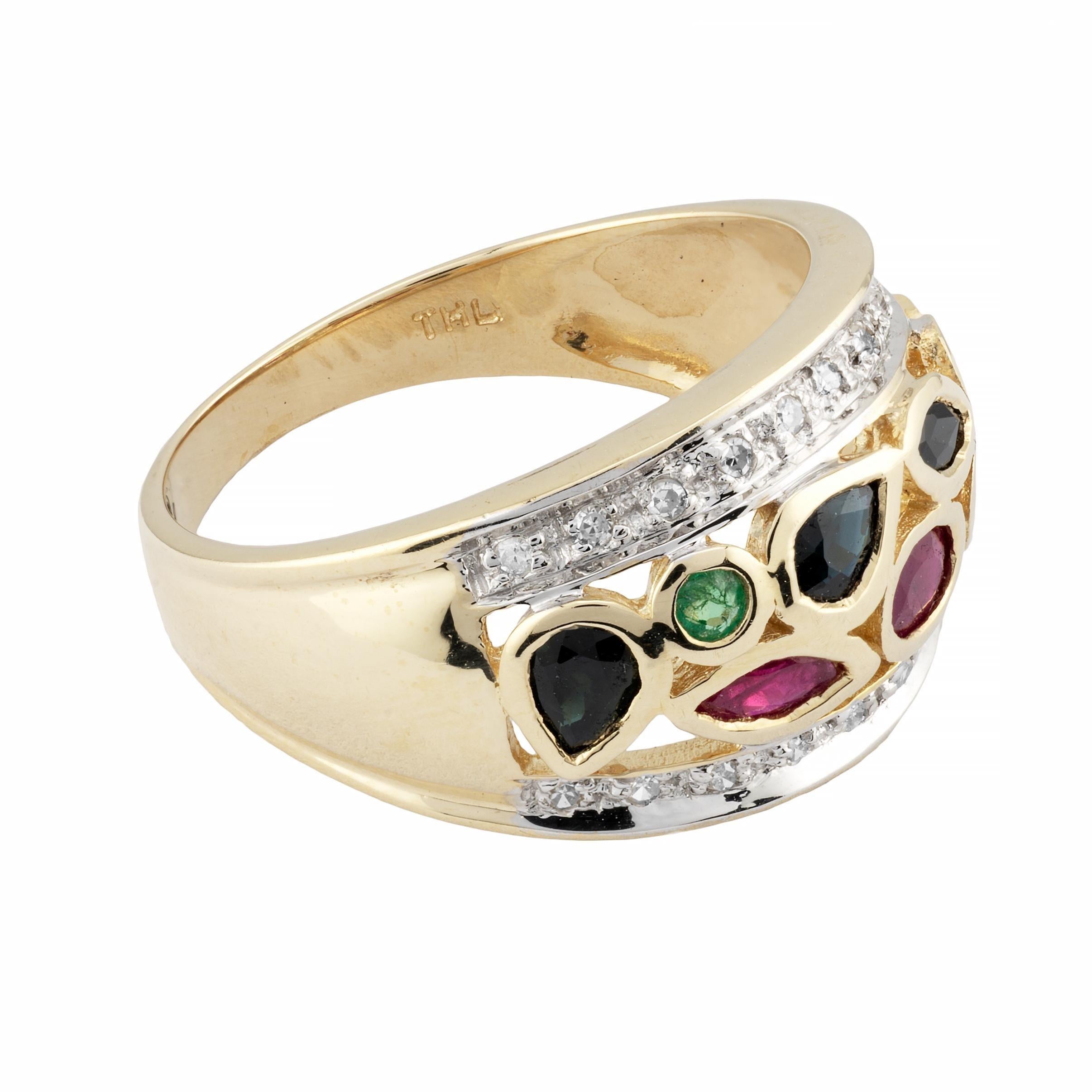 Anillo Vintage de Rubí, Zafiro, Esmeralda y Cúpula de Diamantes de Oro Amarillo de 14K en Bueno estado para la venta en Boston, MA