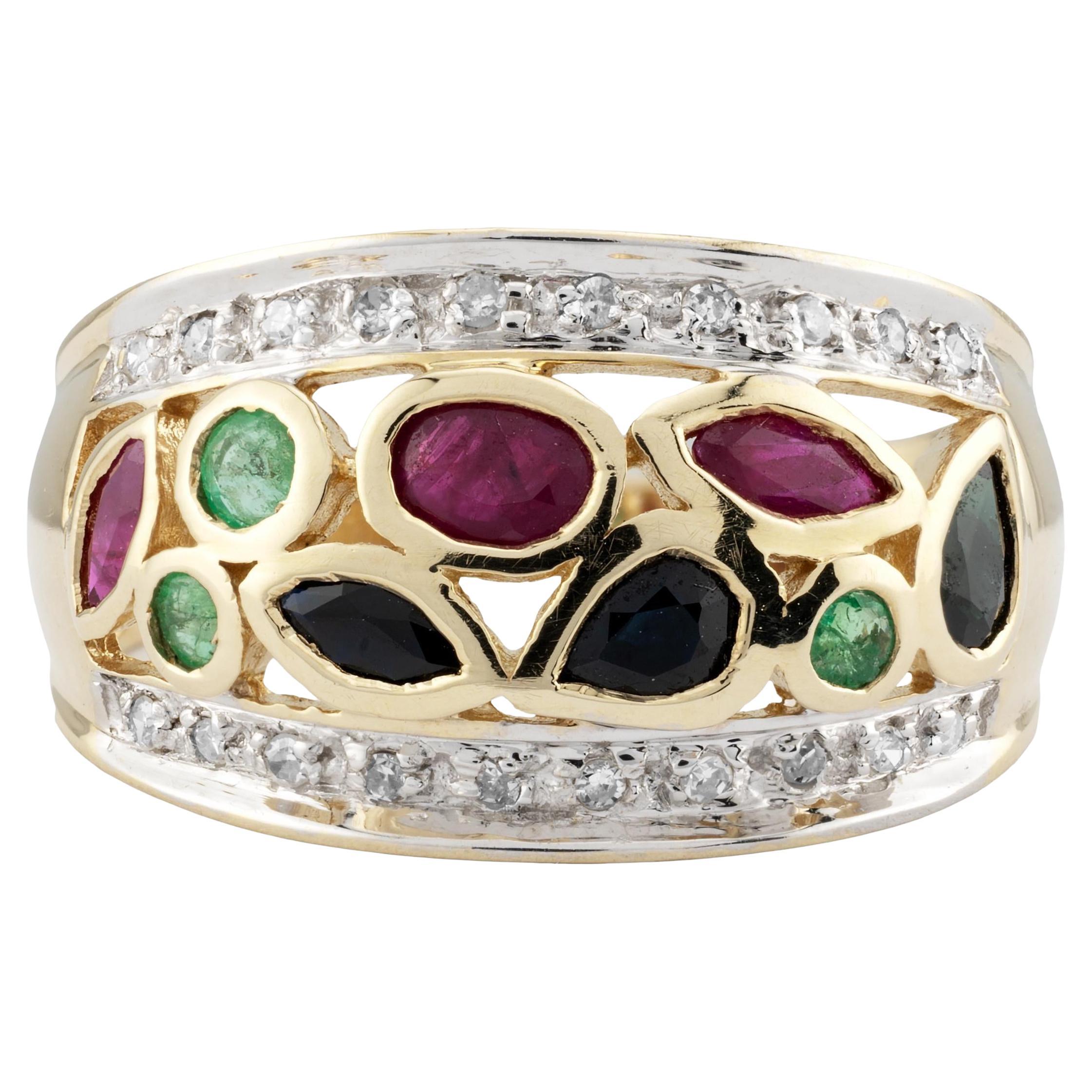Anillo Vintage de Rubí, Zafiro, Esmeralda y Cúpula de Diamantes de Oro Amarillo de 14K en venta