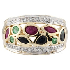 Anello vintage con rubino, zaffiro, smeraldo e diamante a forma di cupola in oro giallo 14K