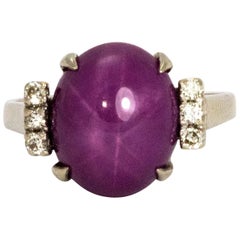 Vintage Ruby Star Cabochon and Diamond Platinum Ring