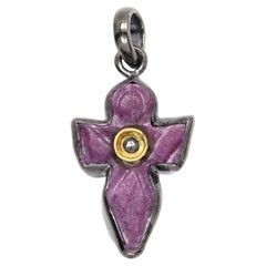 Vintage Ruby stone Cross Natural Rough Gemstone Sterling Silver Pendant (#60b)