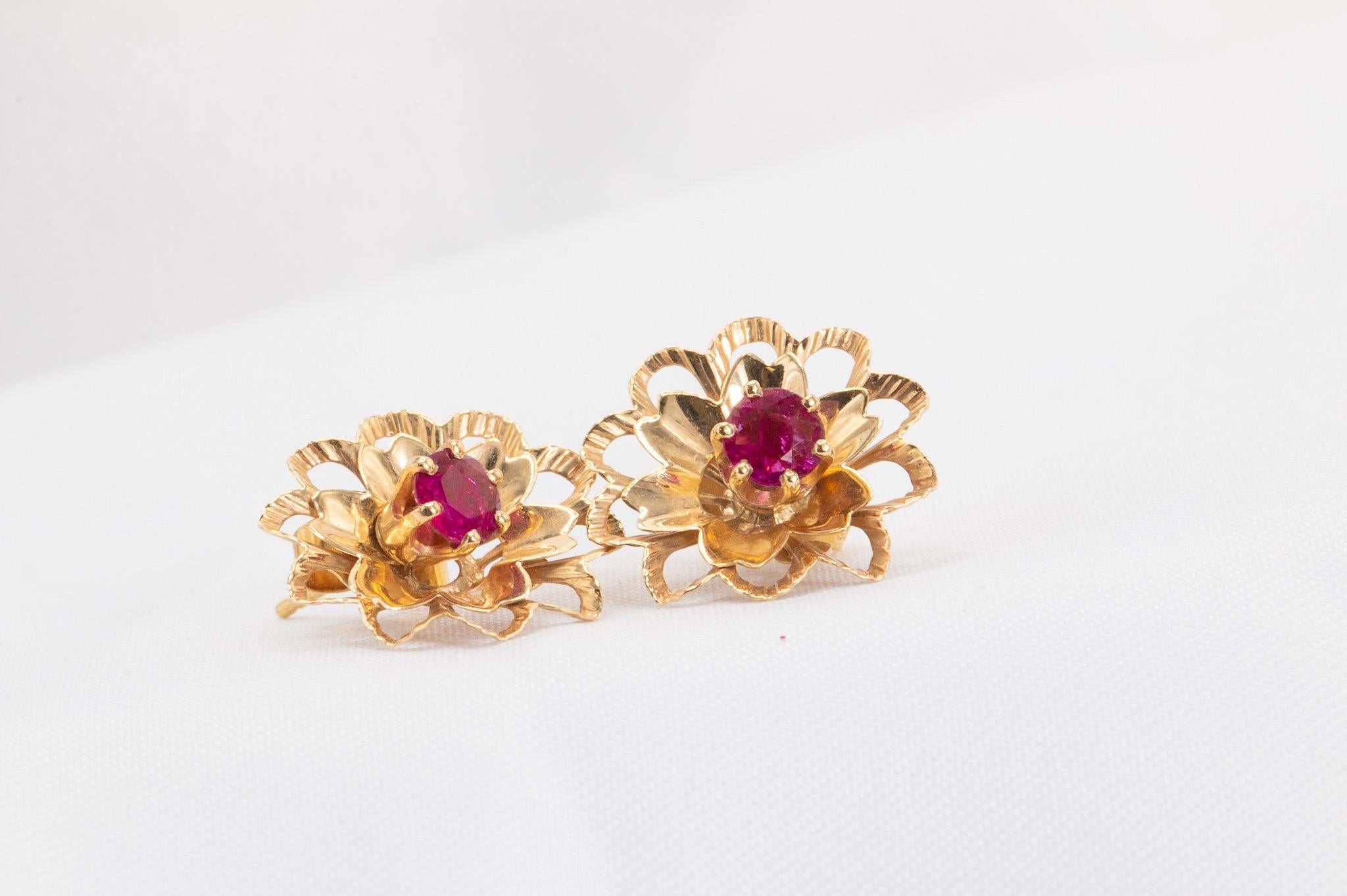 Round Cut Vintage Ruby Studs with Floral Earring Jackets in 14K Yellow Gold For Sale
