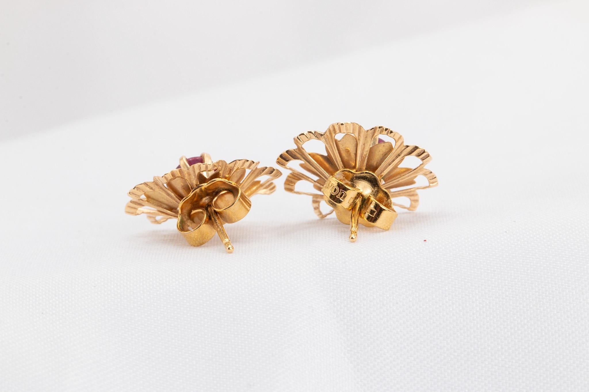Women's Vintage Ruby Studs with Floral Earring Jackets in 14K Yellow Gold For Sale