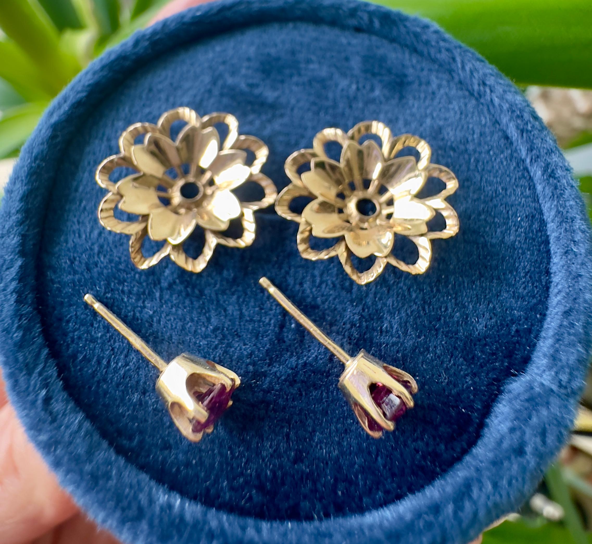 Vintage Ruby Studs with Floral Earring Jackets in 14K Yellow Gold For Sale 3