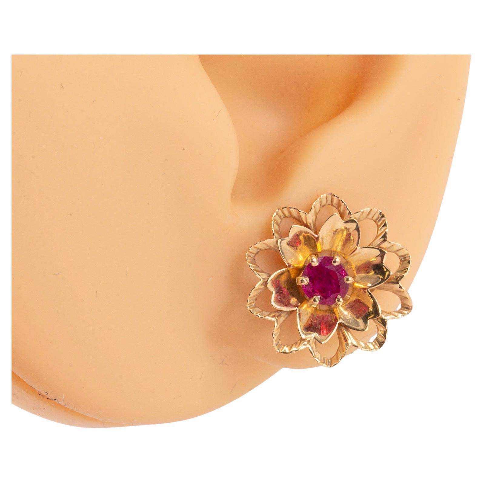 Vintage Ruby Studs with Floral Earring Jackets in 14K Yellow Gold