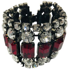 Vintage Ruby Swarovski and Clear Crystal Flex Cuff Bracelet