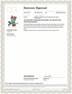 Vintage Rare Yellow Gold Ruby Turquoise Enamel Owl Brooch 0.80 Inch Long