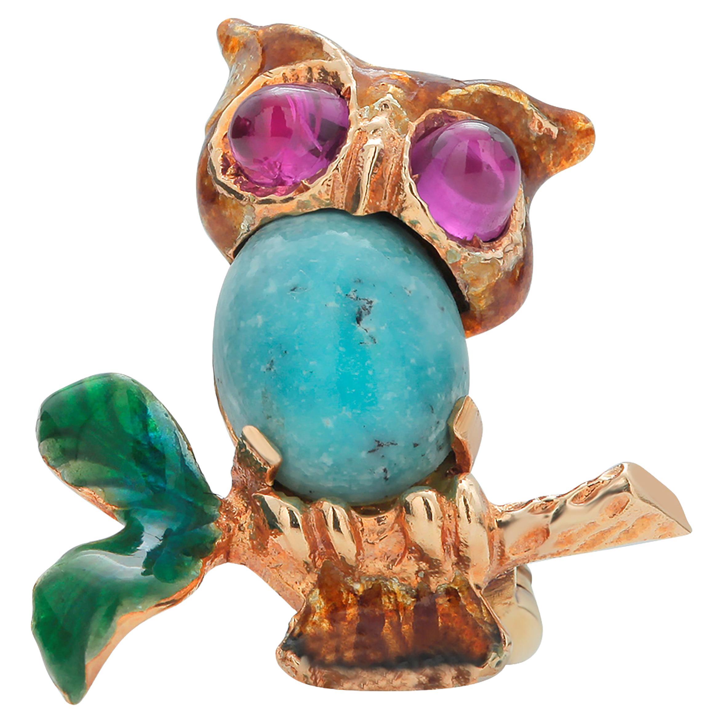 Romantic Vintage Rare Yellow Gold Ruby Turquoise Enamel Owl Brooch 0.80 Inch Long