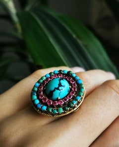 Vintage Ruby Turquoise Gold Cocktail Ring