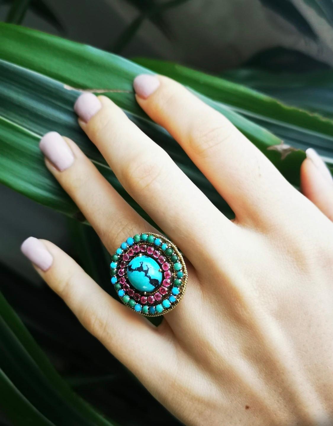 Round Cut Vintage Ruby Turquoise Gold Cocktail Ring For Sale