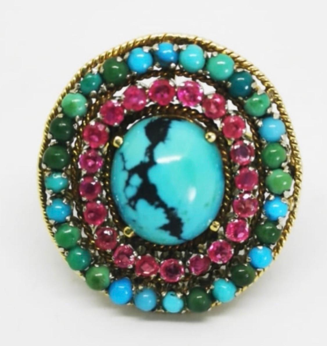 Vintage Ruby Turquoise Gold Cocktail Ring In Good Condition For Sale In Lisbon, PT