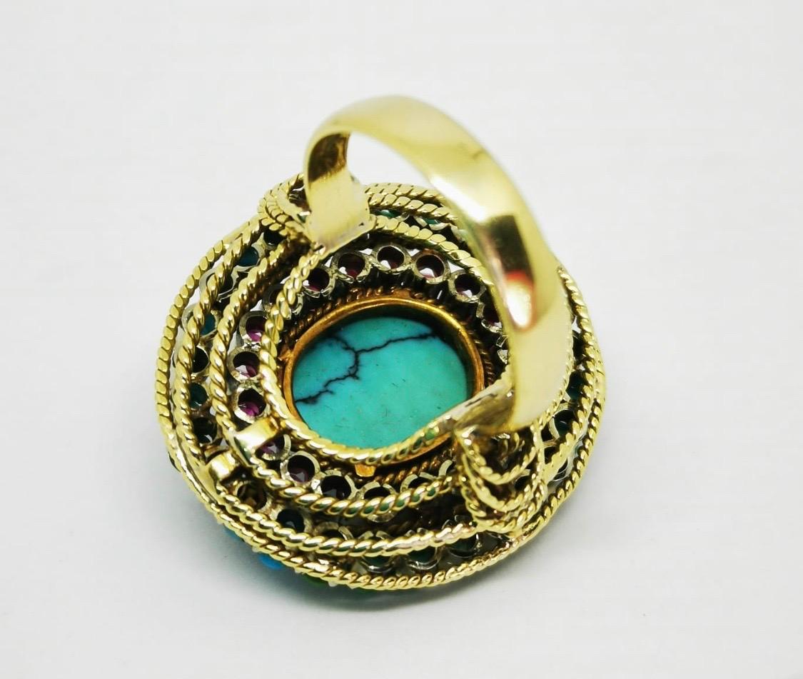 Women's or Men's Vintage Ruby Turquoise Gold Cocktail Ring For Sale