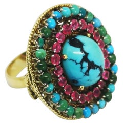 Vintage Ruby Turquoise Gold Cocktail Ring