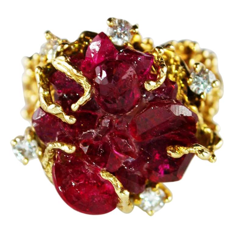 Vintage Ruby Type Crystal Chatham Ring 14 Karat Gold Freeform