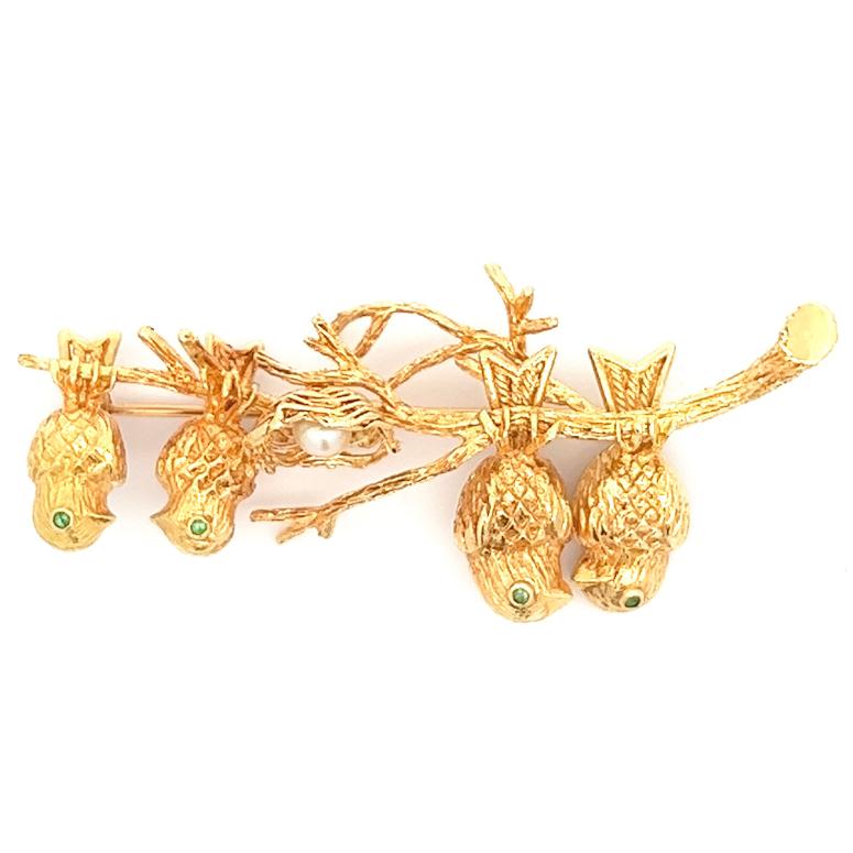 Vintage Rudi Cherny Emerald Pearl 18 Karat Yellow Gold Bird Brooch For Sale at 1stDibs rudi