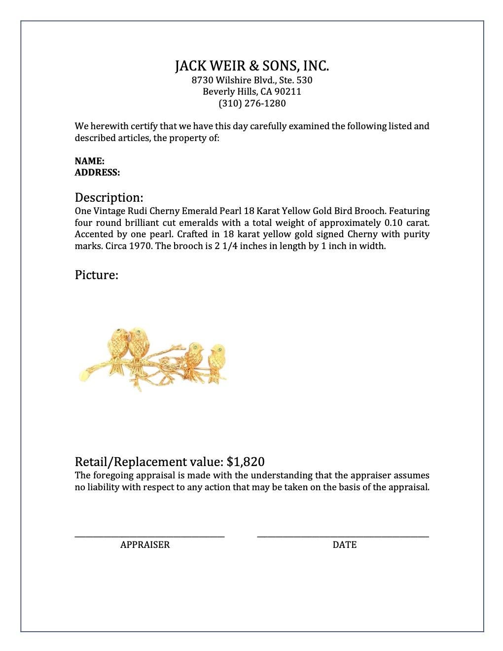 Vintage Rudi Cherny Emerald Pearl 18 Karat Yellow Gold Bird Brooch For Sale at 1stDibs rudi