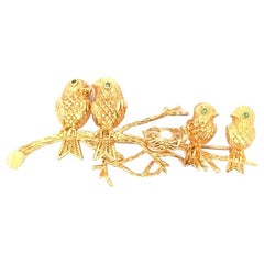 Vogelbrosche, Rudi Cherny, Smaragd, Perle, 18 Karat Gelbgold