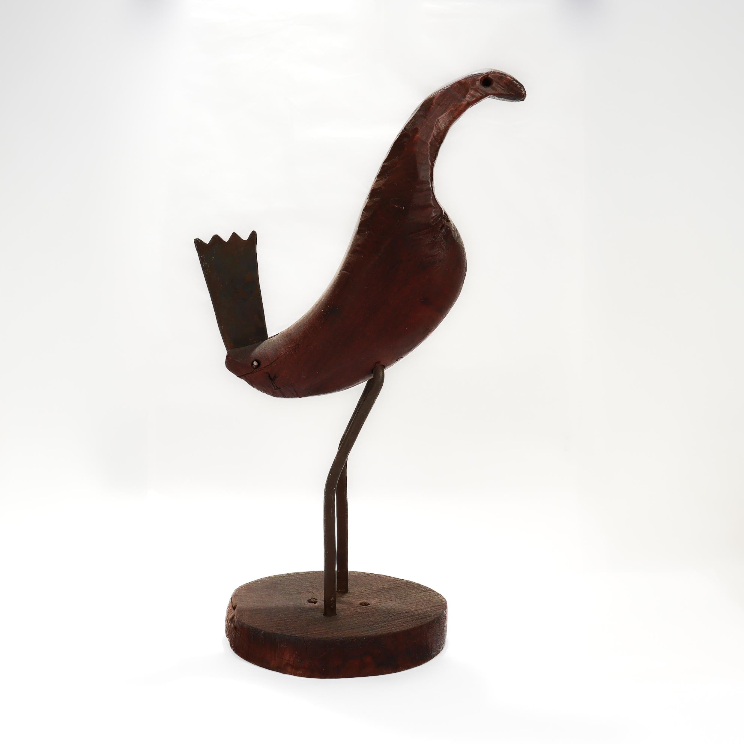 Vintage Rudolph Condon Figural Wood & Wrought Iron Folk Art Bird Sculpture In Good Condition For Sale In Philadelphia, PA